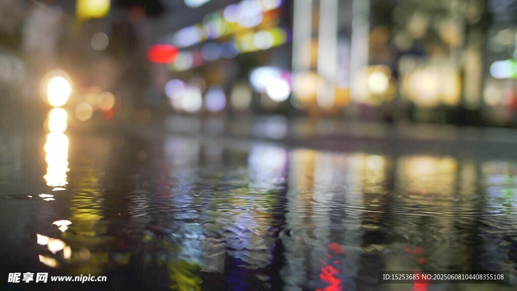 雨夜城市街道積水倒影