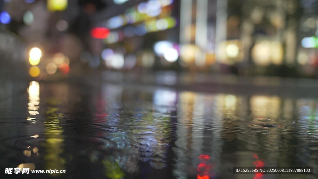 雨夜城市街道積水倒影