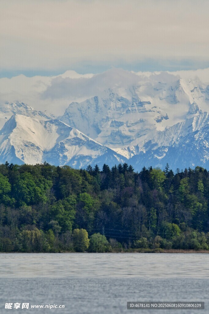 湖畔雪山與蔥郁樹林美景