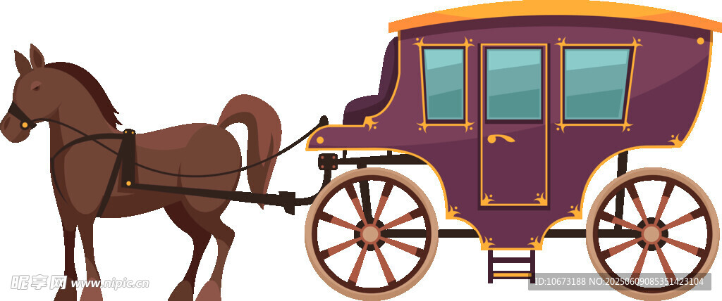 復古紫色馬車與棕色馬匹