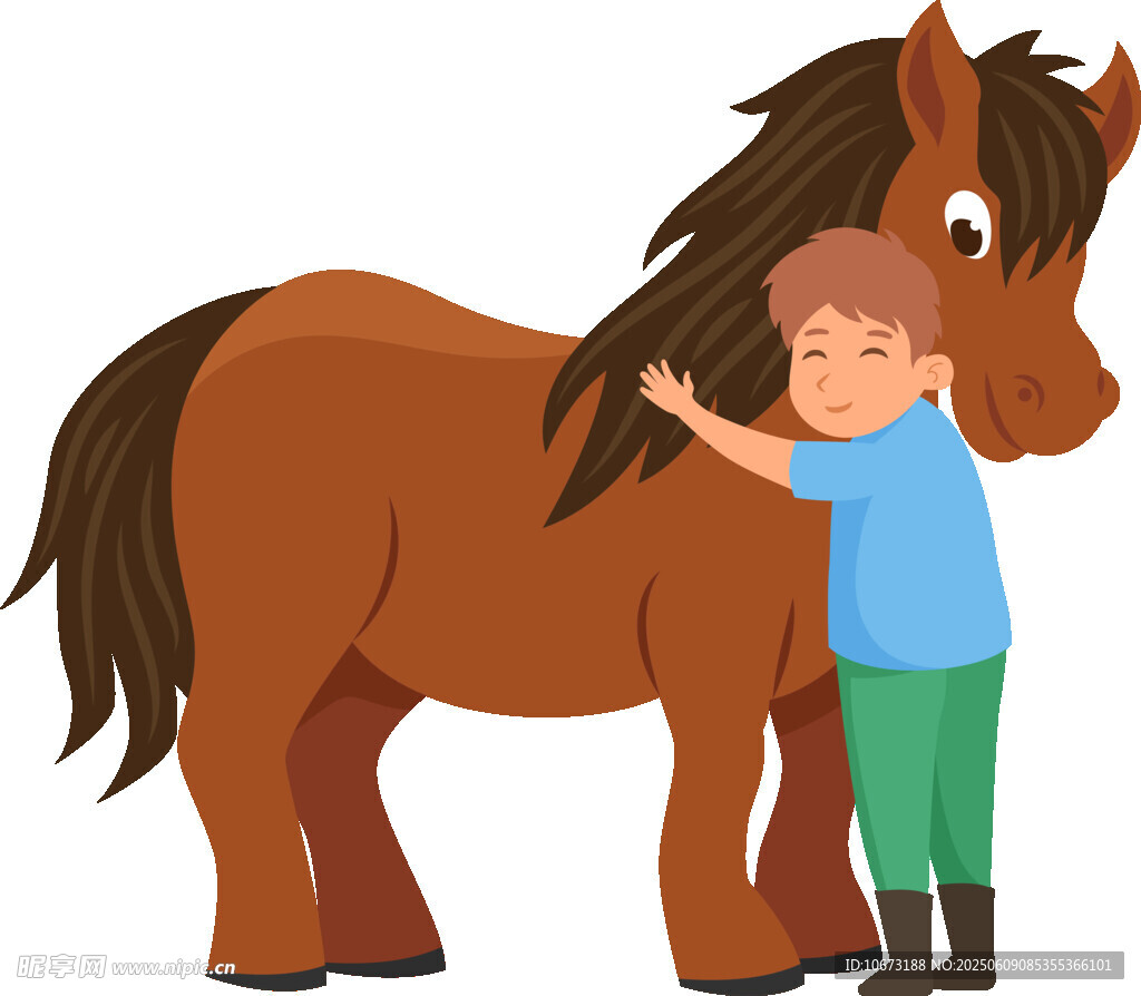 男孩溫柔撫摸棕色駿馬
