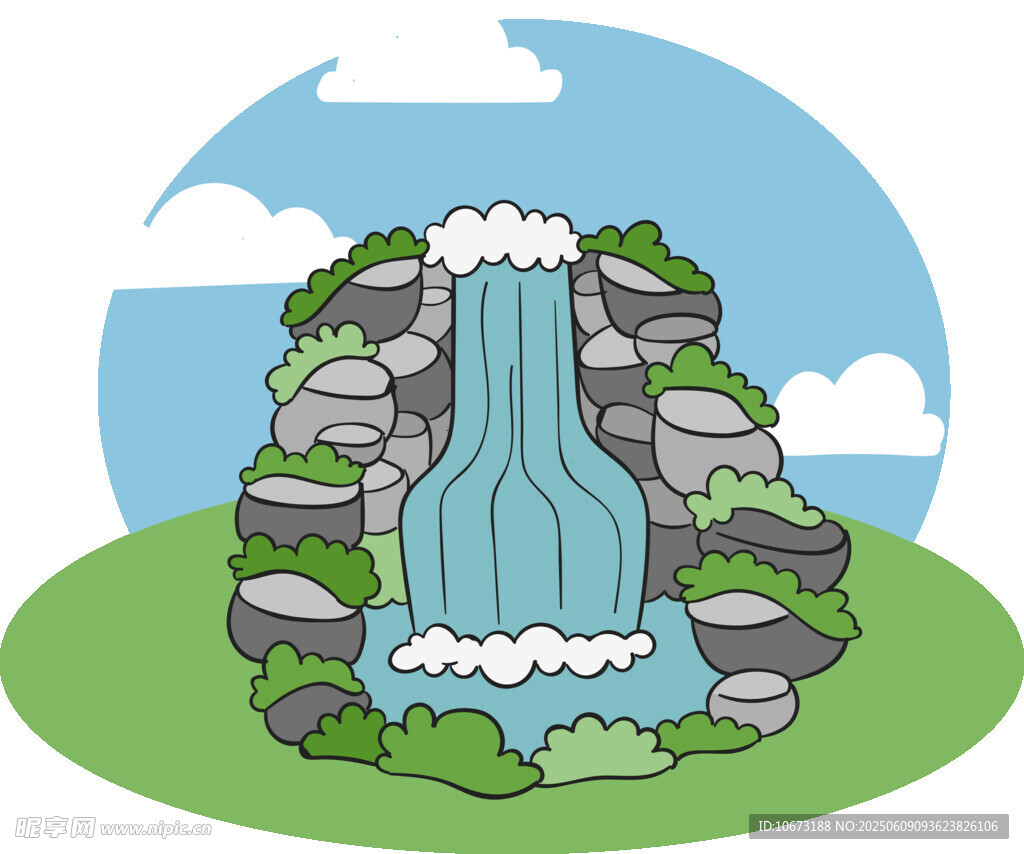 山間瀑布景觀插畫