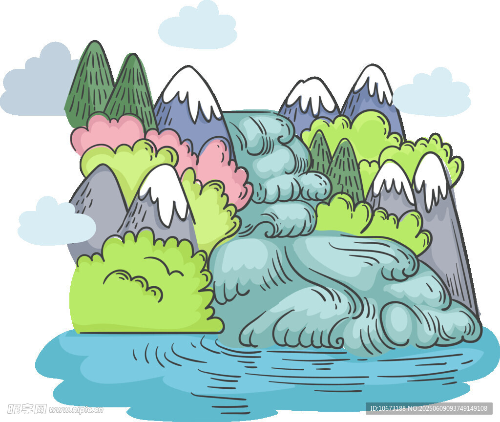 山間瀑布景觀插畫