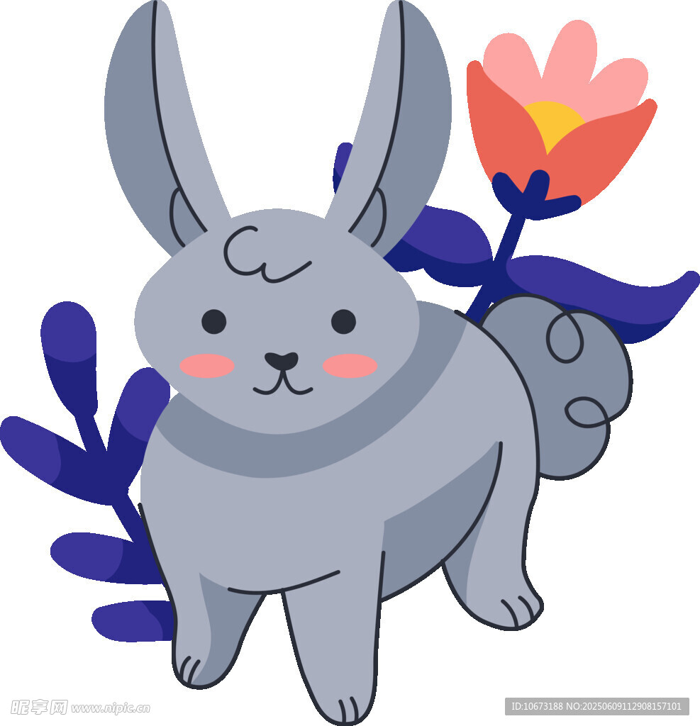 可愛灰兔伴花與葉