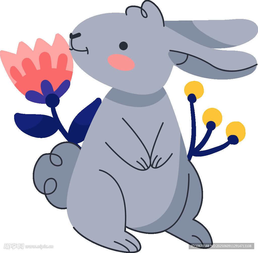 可愛灰兔與花朵插畫