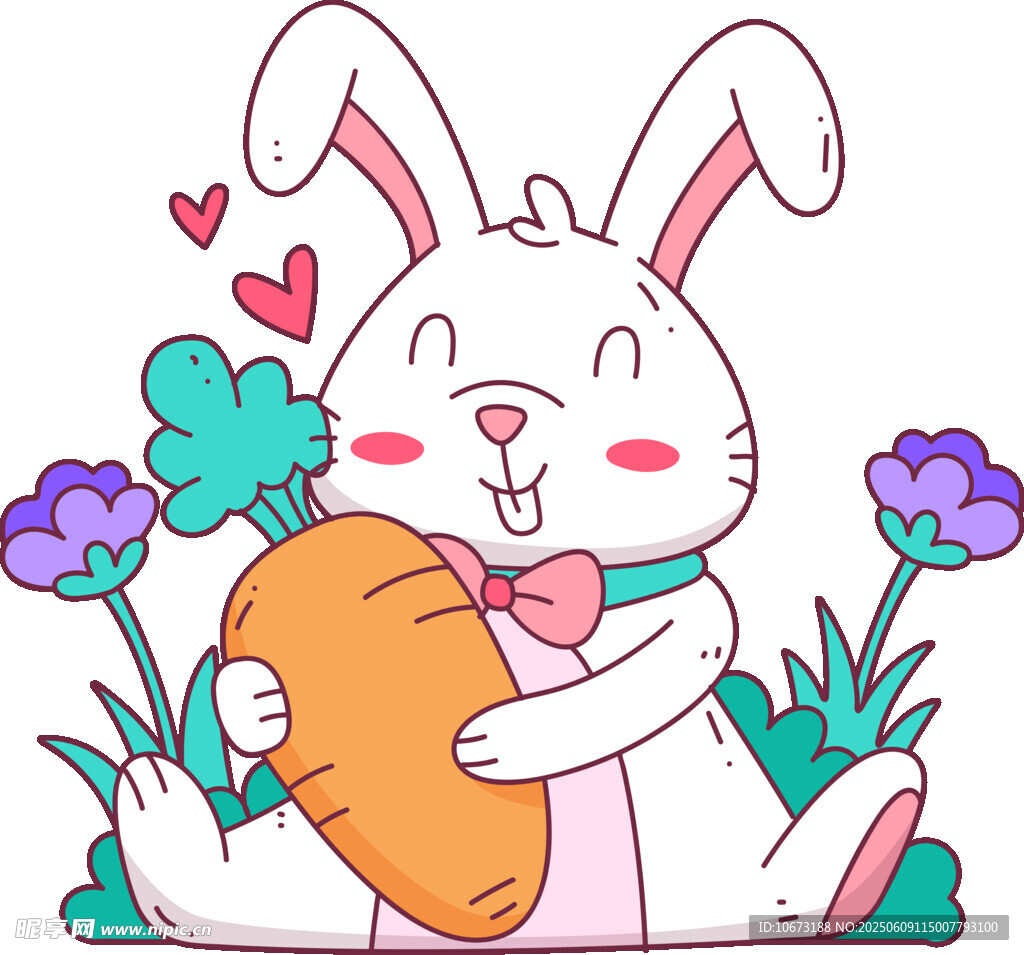 可愛兔子抱胡蘿卜賞花