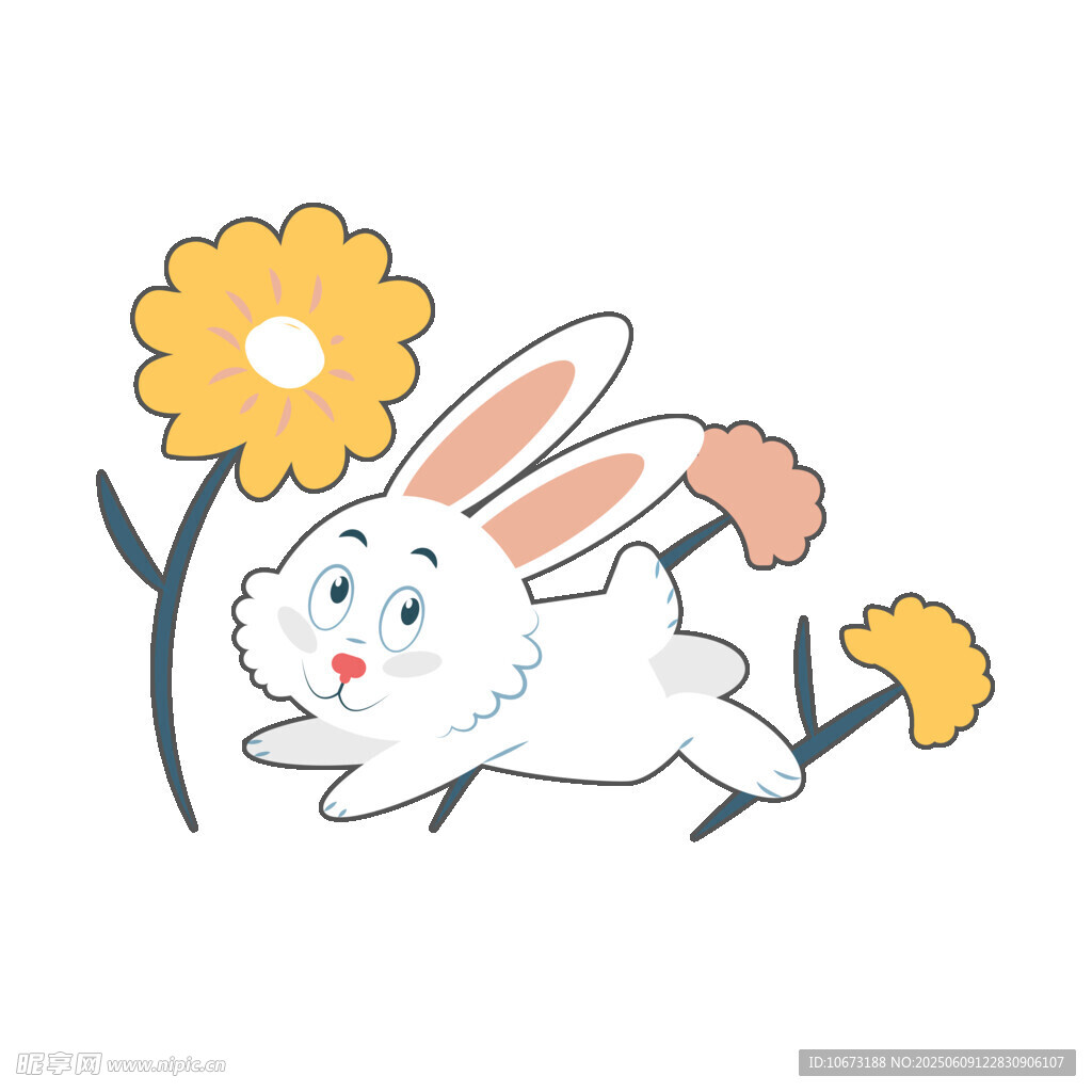 跳躍的白兔與燦爛花朵