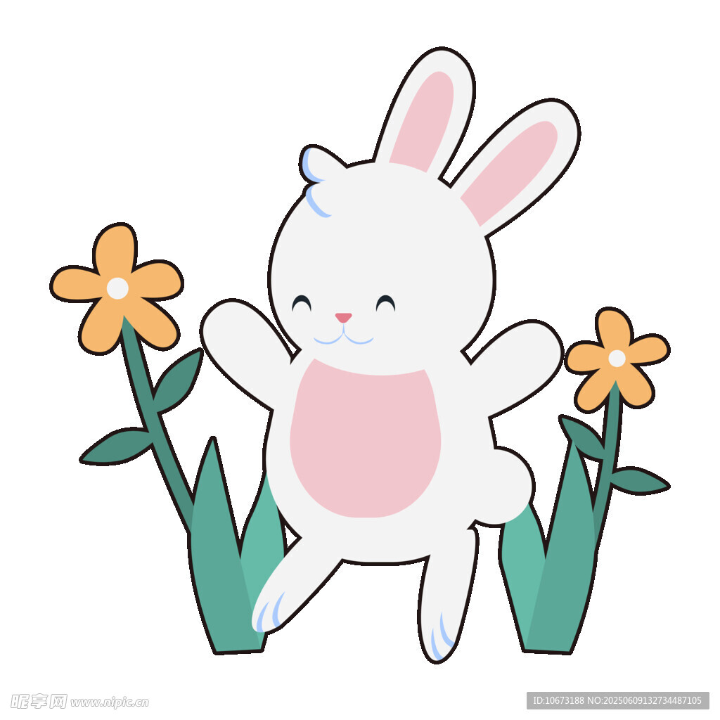 可愛小兔伴花快樂起舞