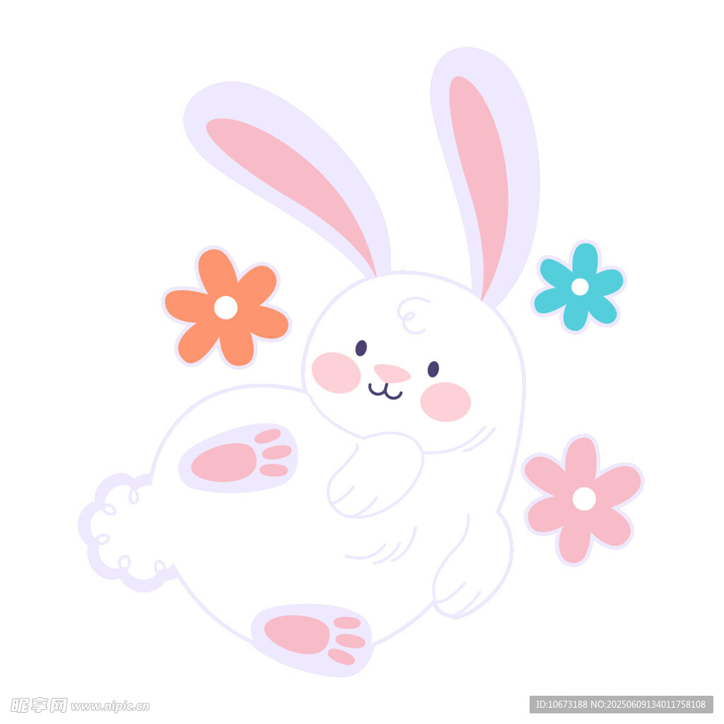 可愛躺臥小兔與繽紛小花