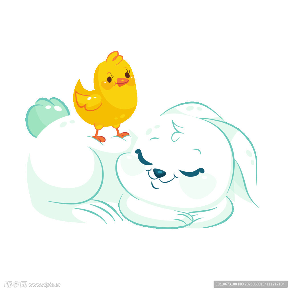 小雞趴睡在白兔身上