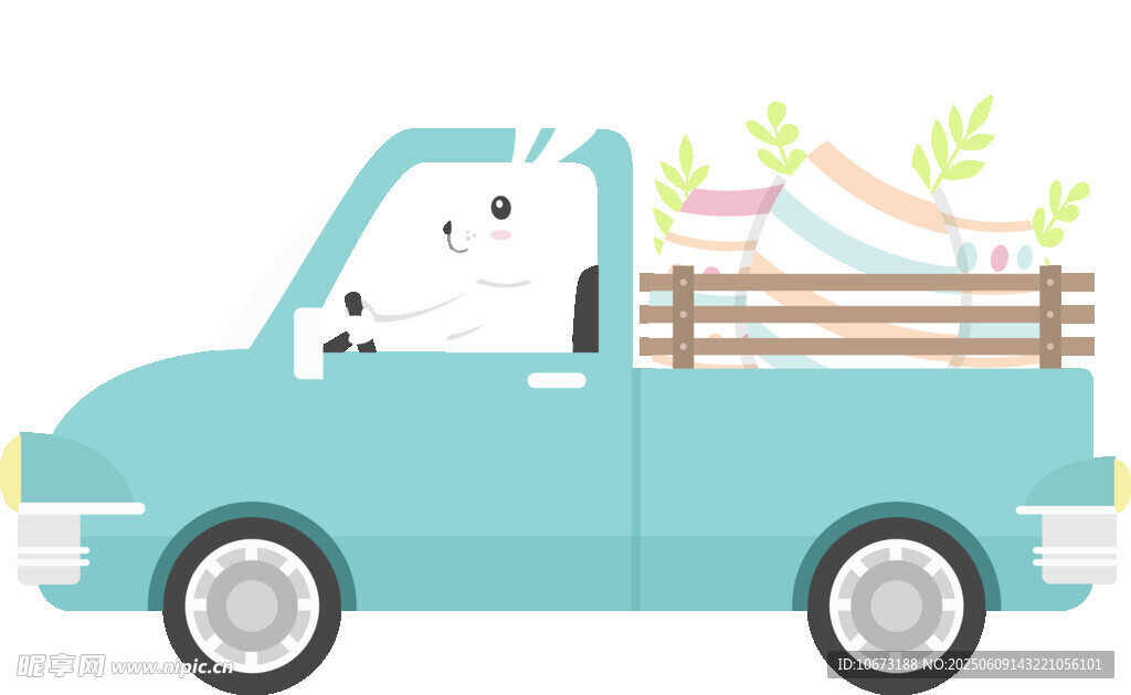 藍色卡車載著兔子與綠植