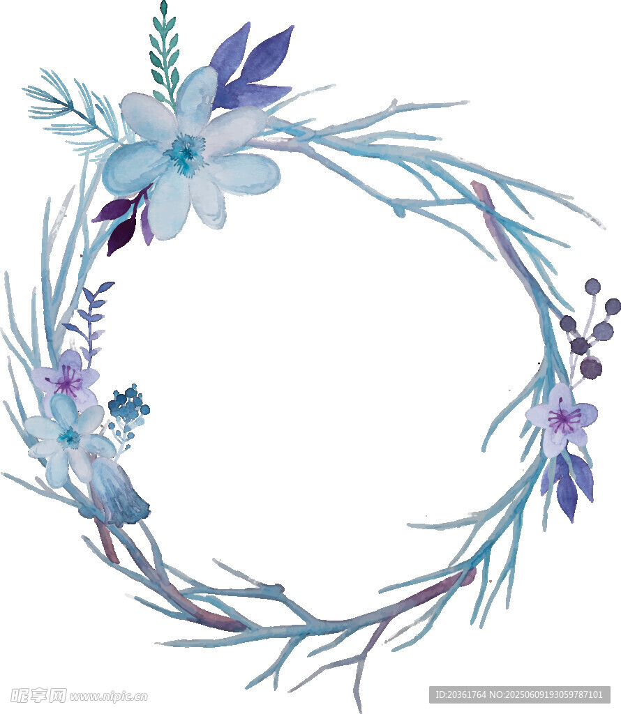 藍(lán)色花卉藤蔓裝飾花環(huán)