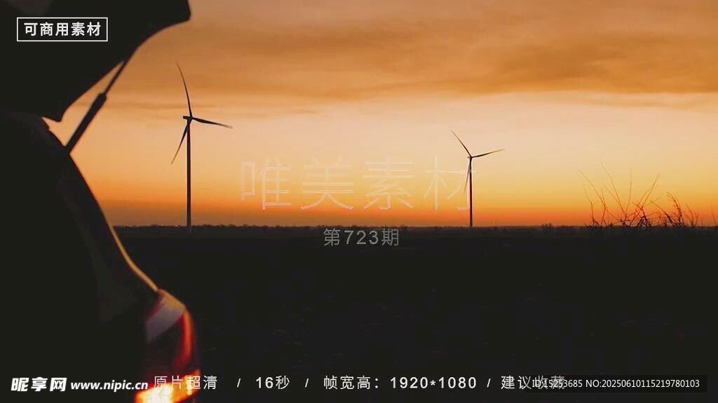 夕陽下的風力發電場景