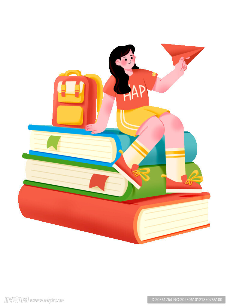 女孩坐書堆中愜意閱讀