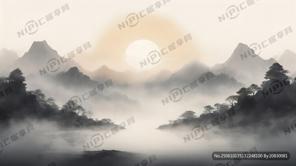 中國畫 有山 無水 日出 云海
