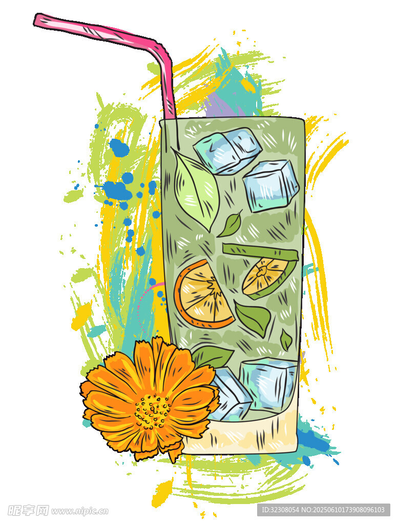 手繪清新檸檬冰飲插畫