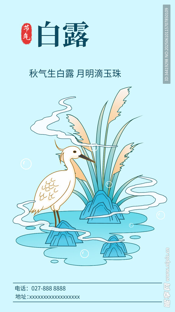 白露節氣插畫中的白鷺與水草