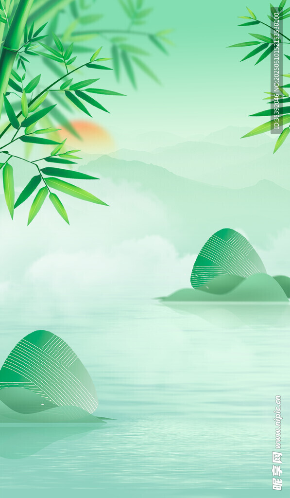 水墨山水間的翠竹與孤峰