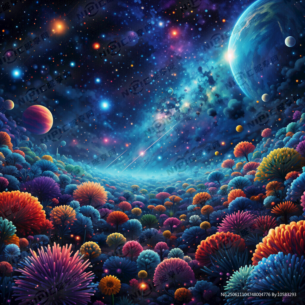 湛藍的外太空有絢麗多彩的流星和