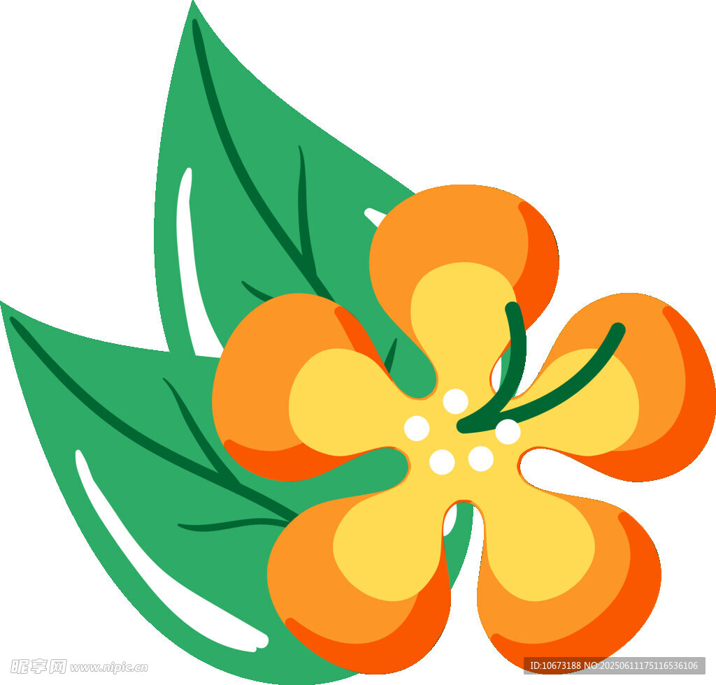 橙色花朵配綠葉插畫