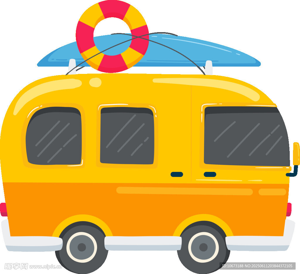 黃色露營車配沖浪板與救生圈