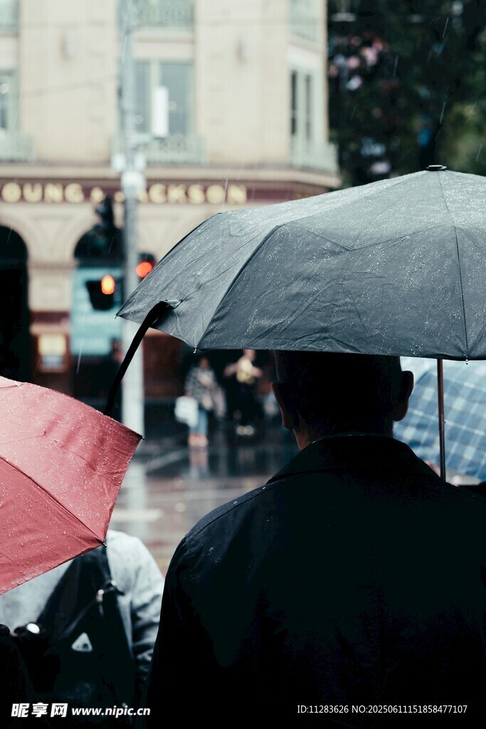 雨中行人撐傘漫步街頭