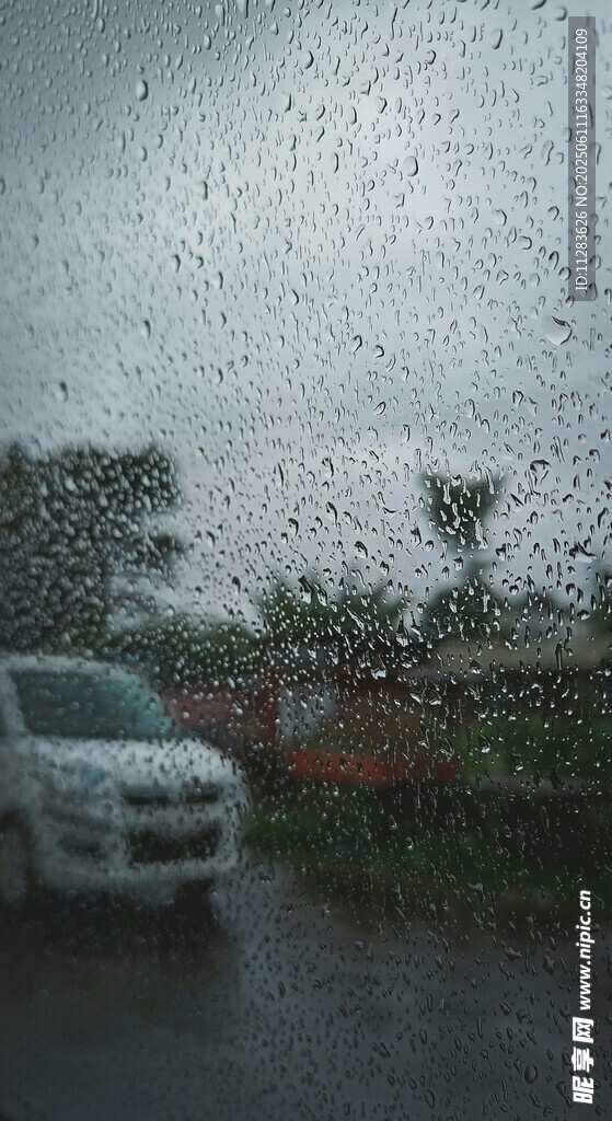 雨中停放的白色汽車