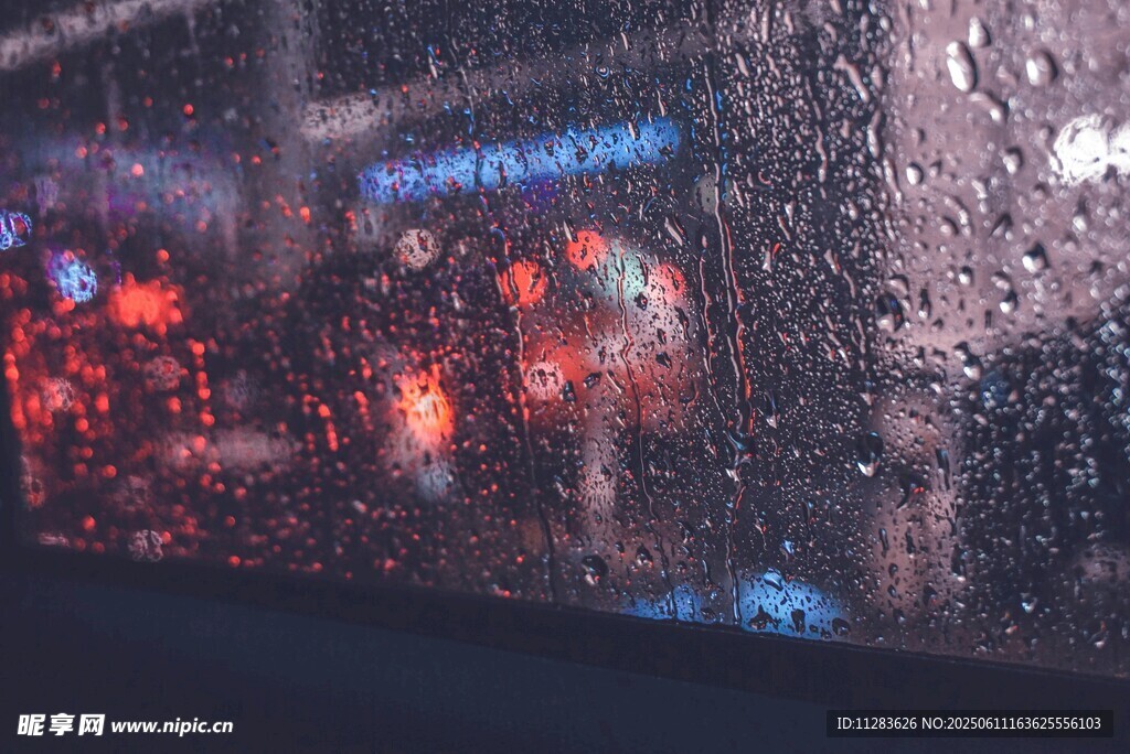 車窗上的雨景與城市燈火