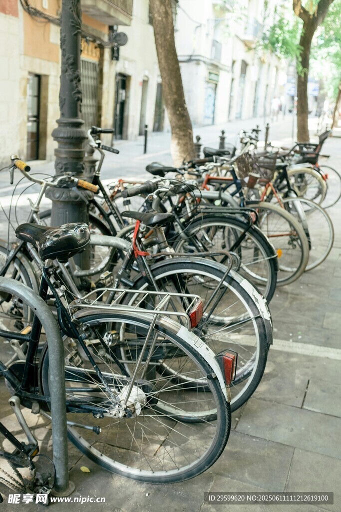 街邊整齊停放的一排自行車
