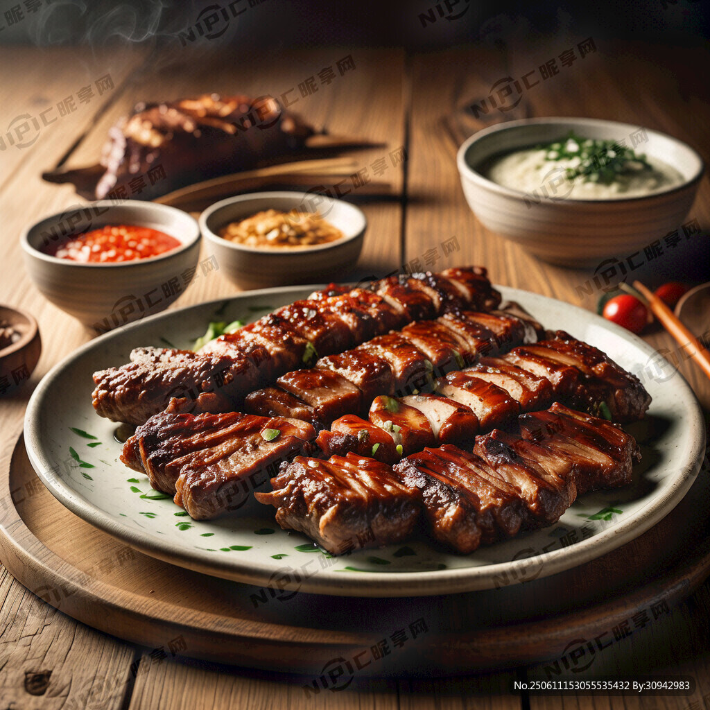 桌子上一盤烤肉