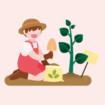 兒童給植物施肥插畫