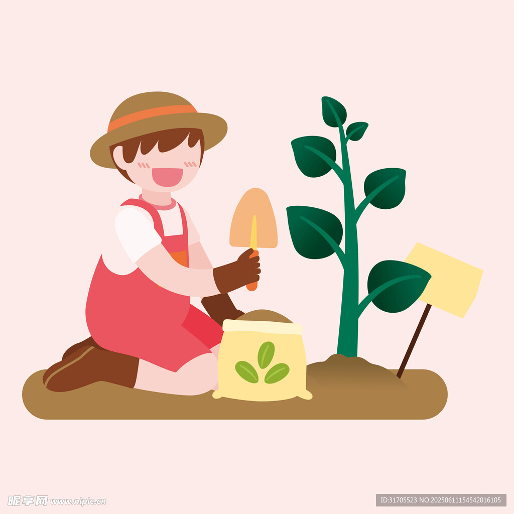 兒童給植物施肥插畫