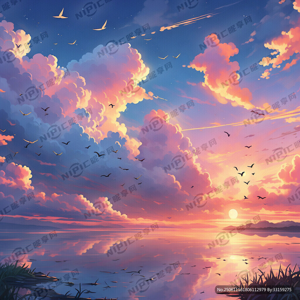 插畫飛鳥落日 海邊天空插畫