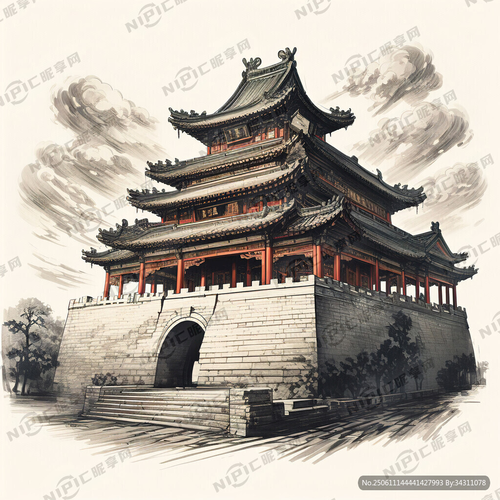 正陽門城樓簡筆或木刻