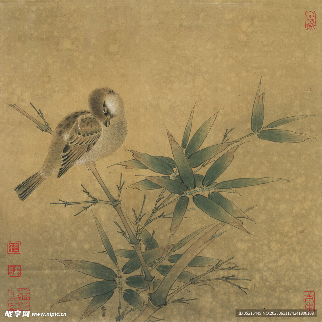 竹枝上的雀鳥國畫