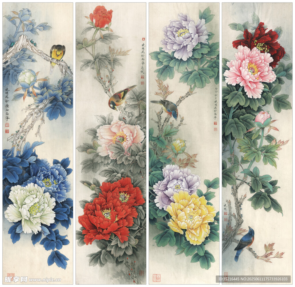 花鳥四條屏國畫作品