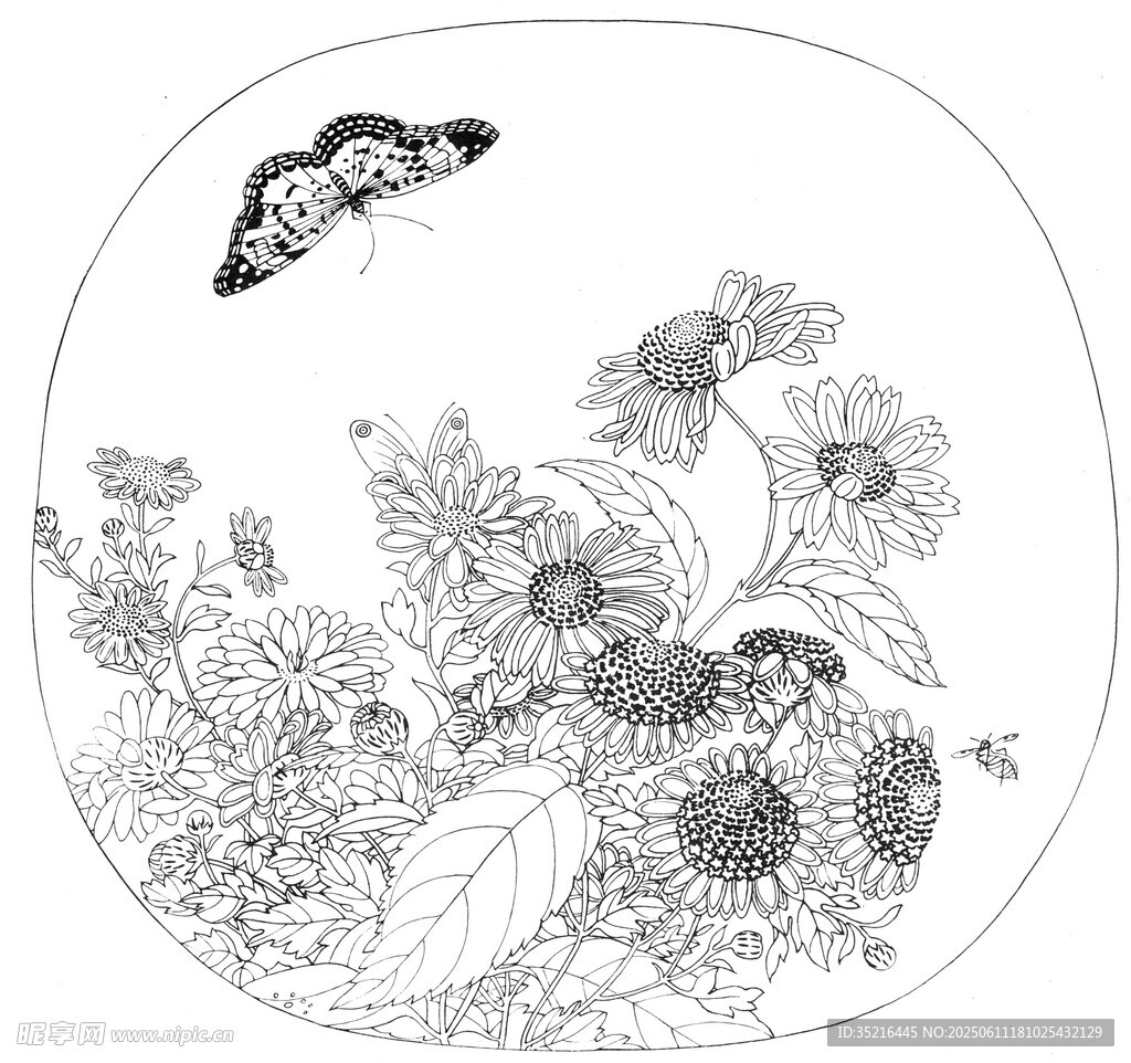 蝶戀花花卉線描圖案