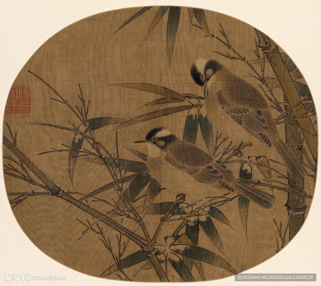 古畫中棲息于竹枝的鳥兒
