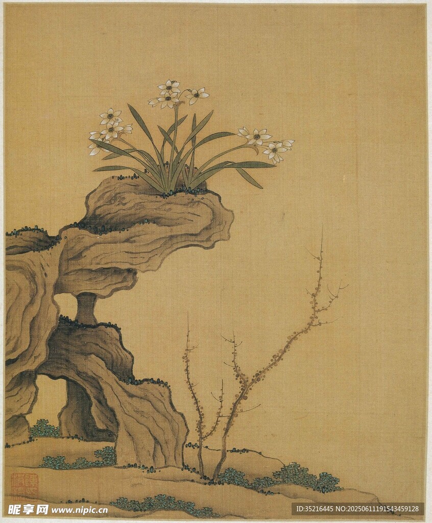 古畫中的石上植物景致