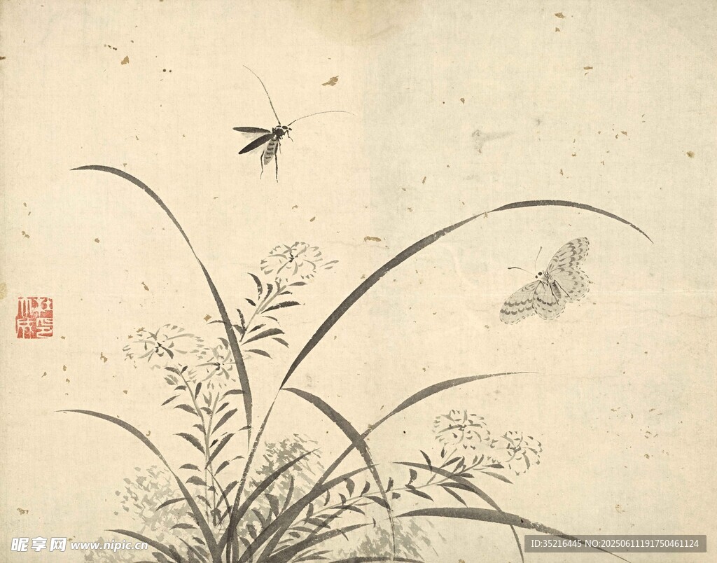 水墨蘭花飛鳥圖