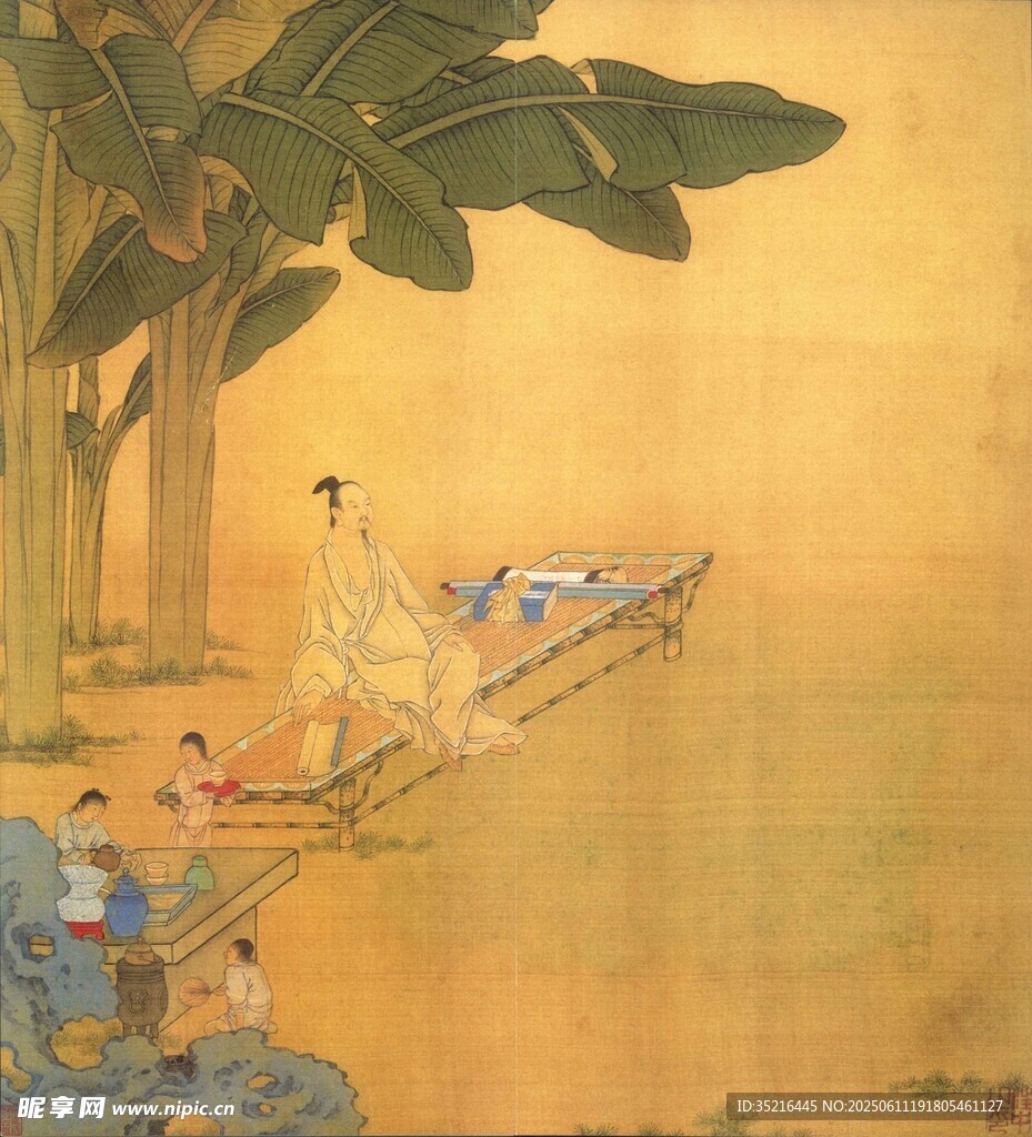古畫中泛舟的閑適場景
