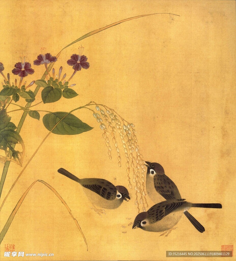 花鳥圖中雙雀相依