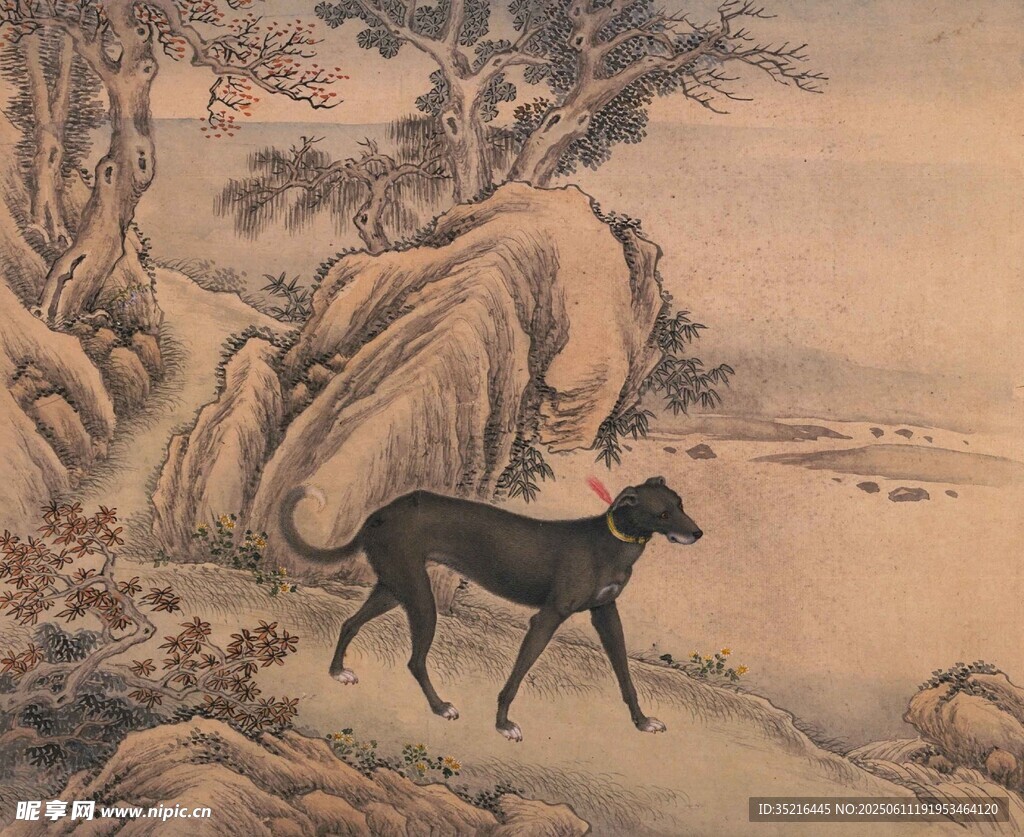 古畫中漫步的黑狗
