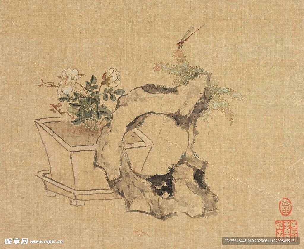 古畫中的盆栽與奇石