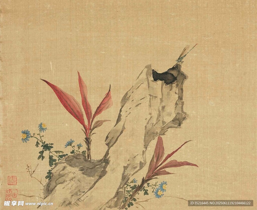 古畫中的蘭石與棲鳥