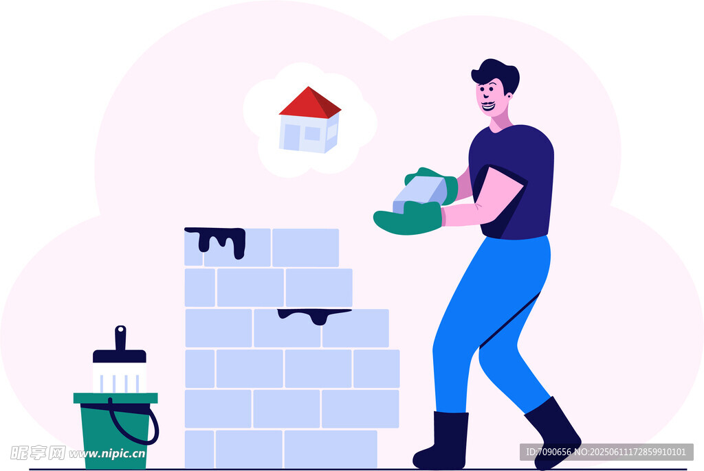 男子專注砌墻建房屋