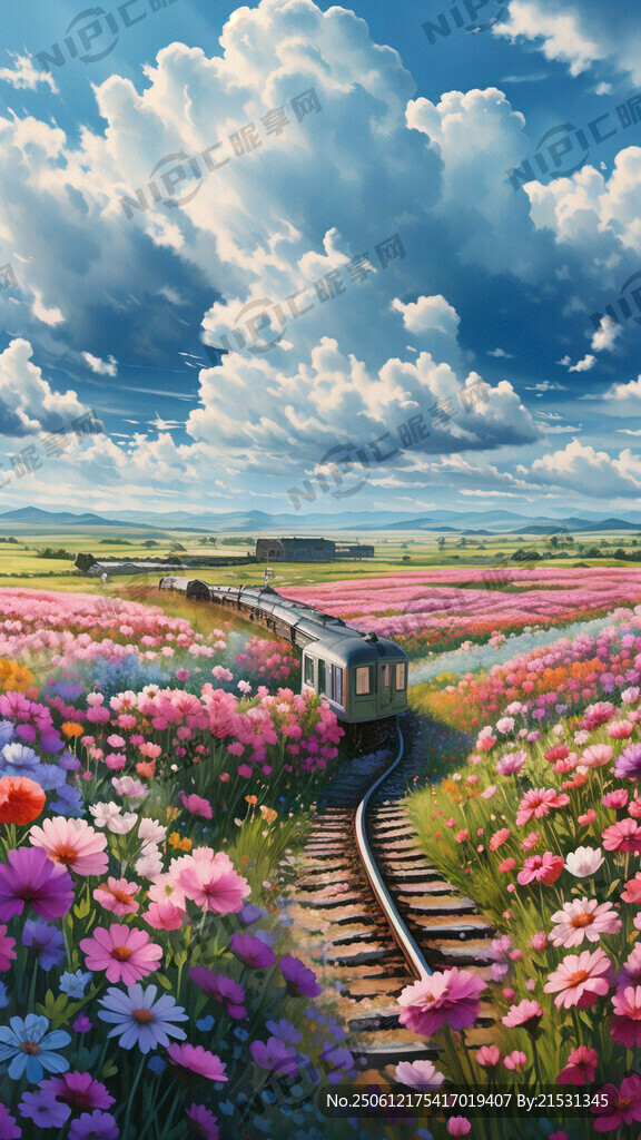 草原花地藍天白云火車