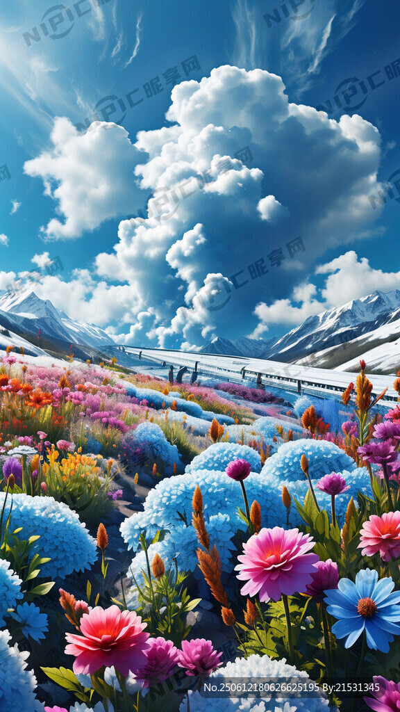 藍色白云雪山腳下花草遍地