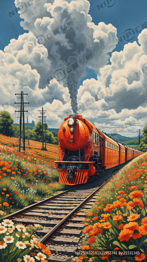 橙黃色的電力火車沿著上方的電線