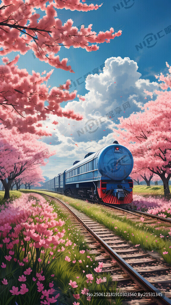 藍色天空云淡風清火車緩緩駛過櫻
